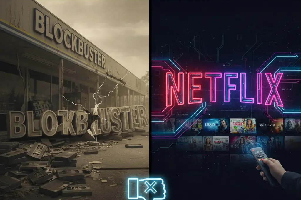 Blockbuster fallimento rifiuto Netflix. Immagine concettuale trasformazione digitale e contrasto tra VHS analogico e streaming.