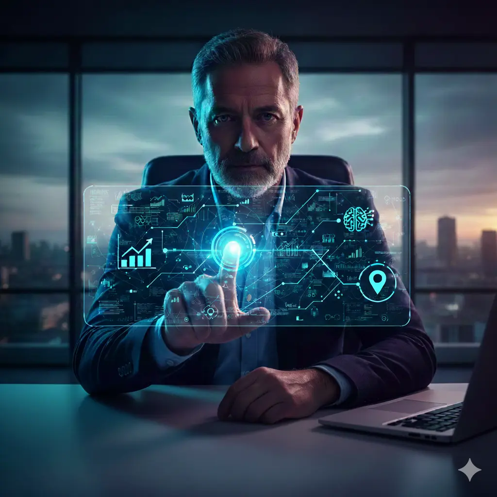 Un esperto digitale analizza dati complessi attraverso un'interfaccia olografica, rappresentando i concetti di Esperienza e Autorevolezza (E-E-A-T) nell'era dell'IA."