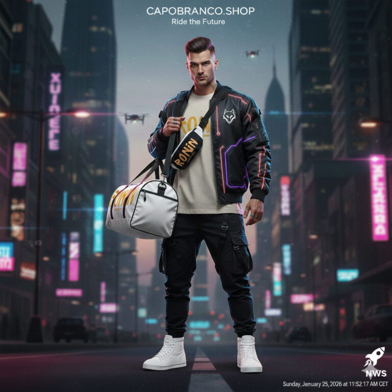 Modello streetwear Capobranco.shop in un ambiente urbano cyber-futuristico, che indossa un giubbotto custom e sneakers bianche, a rappresentazione dello sviluppo prodotto e-commerce di Nova Web Studio.