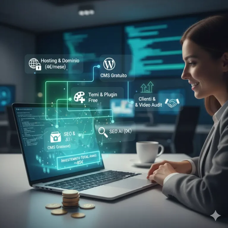 Postazione di lavoro digitale con laptop e smartphone che mostrano lo sviluppo di un sito web professionale; concetto di efficienza per avviare un progetto web professionale con budget ridotto.