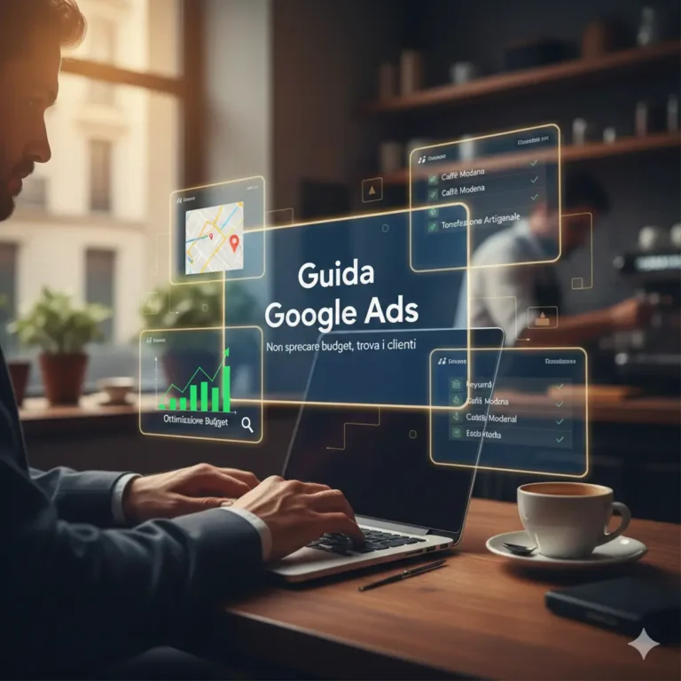 Infografica di una guida Google Ads con grafici di ottimizzazione budget e un caffè su una scrivania di Nova Web Studio.