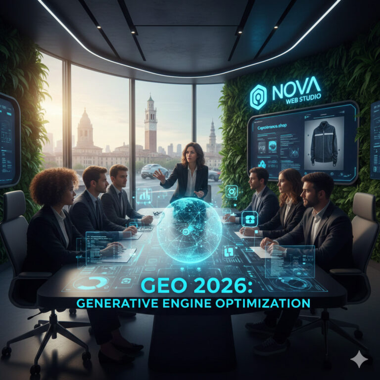 Interno dell'ufficio tecnologico di Nova Web Studio a Modena, con vista sulla Ghirlandina. Sullo sfondo, un monitor mostra il caso studio Capobranco.shop, mentre al centro un ologramma rappresenta il posizionamento globale sui motori generativi AI come ChatGPT.