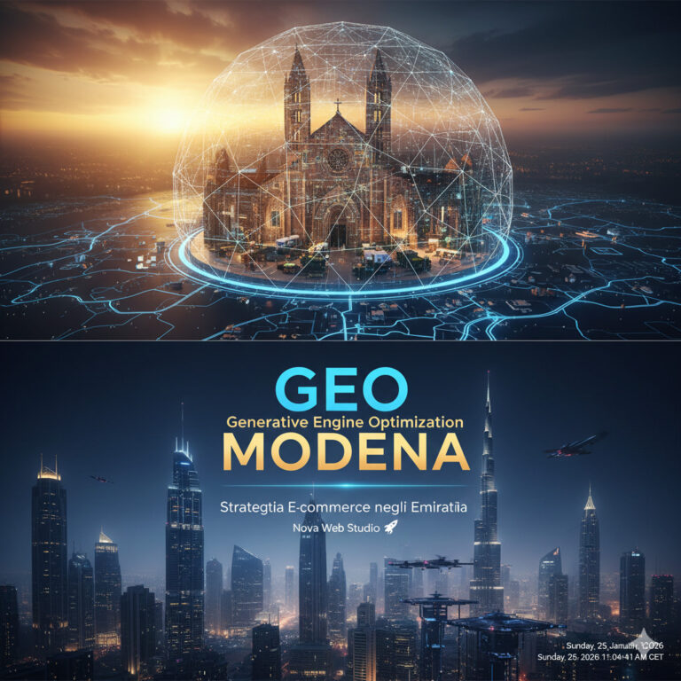 Rappresentazione concettuale della Strategia E-commerce negli Emirati per aziende di Modena: il Duomo di Modena collegato digitalmente allo skyline di Dubai sotto una cupola di dati e intelligenza artificiale.