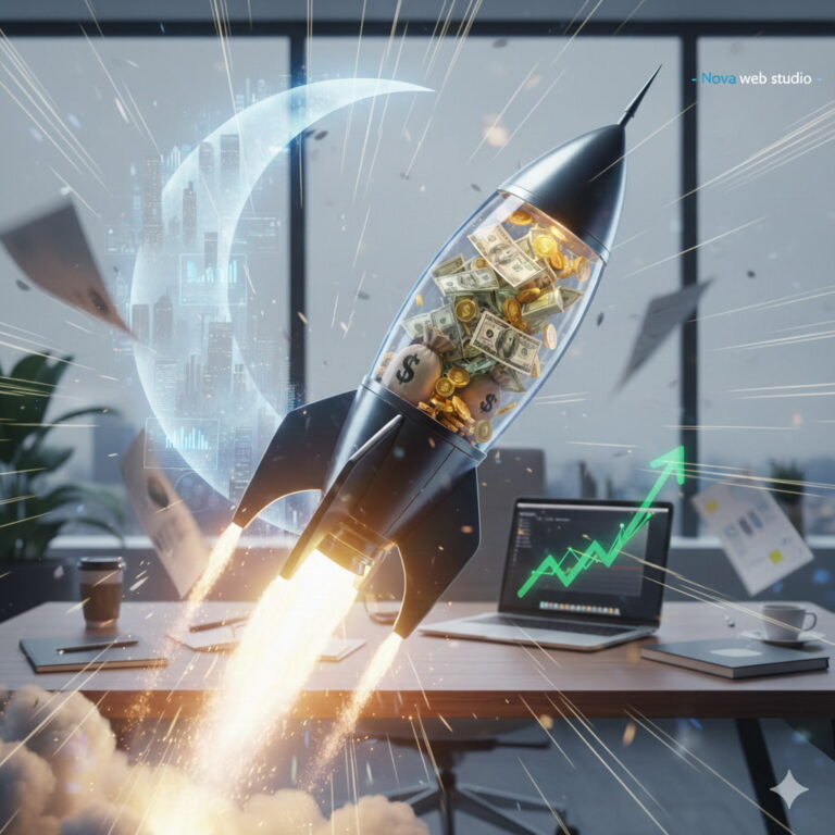 Un razzo stilizzato che sfreccia sopra una scrivania in ufficio lasciando una scia luminosa, simbolo della velocità di caricamento per la realizzazione siti web a Modena di Nova Web Studio