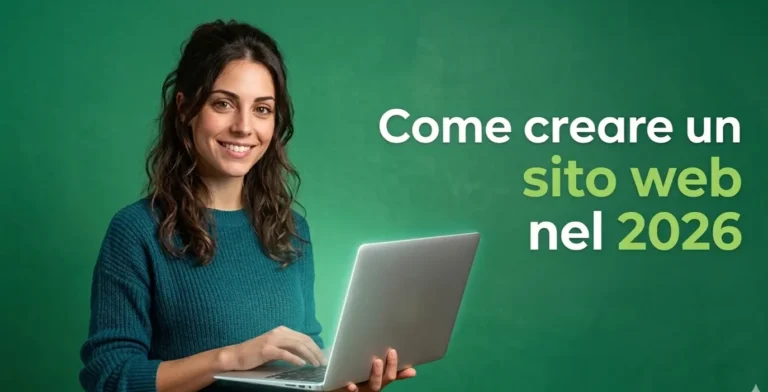 Donna sorridente che lavora al laptop su sfondo verde con elementi grafici digitali e testo: Come creare un sito web nel 2026 - Nova Web Studio.