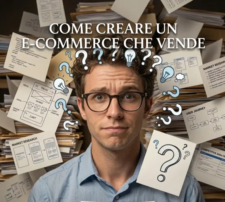 Un uomo con gli occhiali e una camicia azzurra guarda confuso verso l'alto, circondato da pile di carta e grafici fluttuanti. Sopra di lui, testo: 'COME CREARE UN E-COMMERCE CHE VENDE'