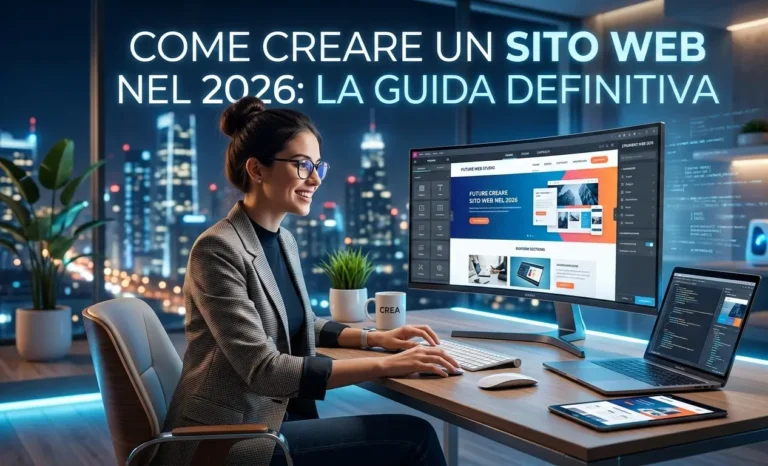 "Una donna professionista con gli occhiali siede sorridente a una scrivania moderna di notte. Lavora su un grande monitor curvo che mostra un builder di siti web (con testi 'FUTURE WEB' e 'CREARE SITO WEB NEL 2026'), un laptop aperto con codice e un tablet. Sullo sfondo, un'ampia finestra mostra lo skyline di una città illuminata. Il testo in alto a sinistra recita: 'COME CREARE UN SITO WEB NEL 2026: LA GUIDA DEFINITIVA'."