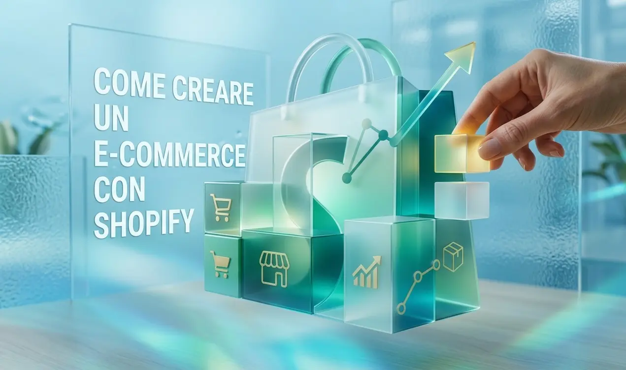 Grafica 3D con cubi trasparenti verde acqua che formano il logo Shopify e icone di crescita e-commerce