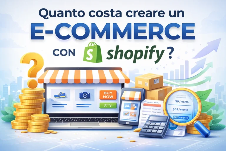 Infografica sui costi per creare un e-commerce con Shopify con icone di calcolatrice, monete e laptop.