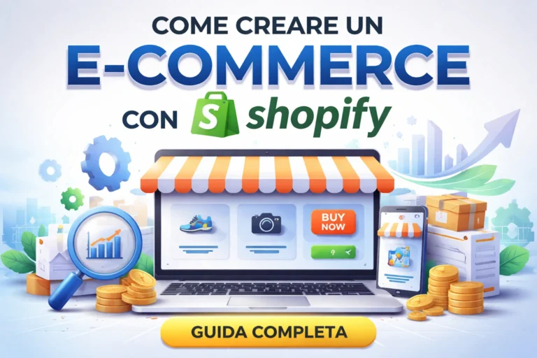 Illustrazione 3D di un laptop con store Shopify, monete d'oro e lente d'ingrandimento su grafici di crescita.